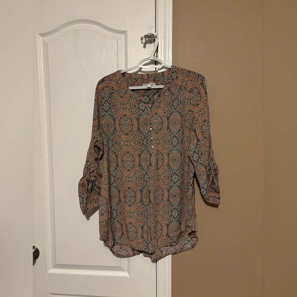 Kim Rogers Tops - Kim Rogers Paisley Henley Tunic in Rust and Teal 3/4 sleeves Size L Bohemian